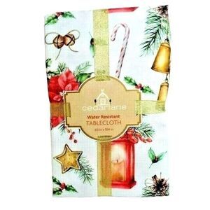 Christmas Holiday Dining Tablecloth 60 x 104-in Poinsettia Holly Bells Candy NEW